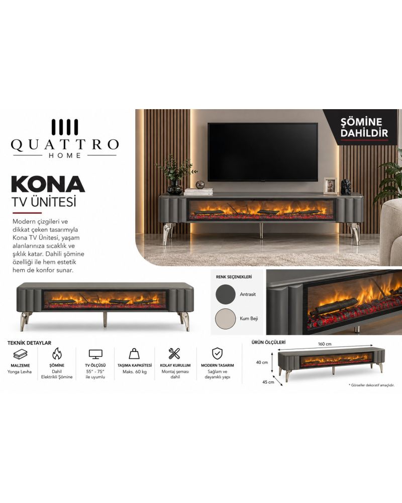 Kona Elektrikli Şömineli TV Ünitesi 160 cm Antrasit Krom Ayaklı Modern TV Sehpası