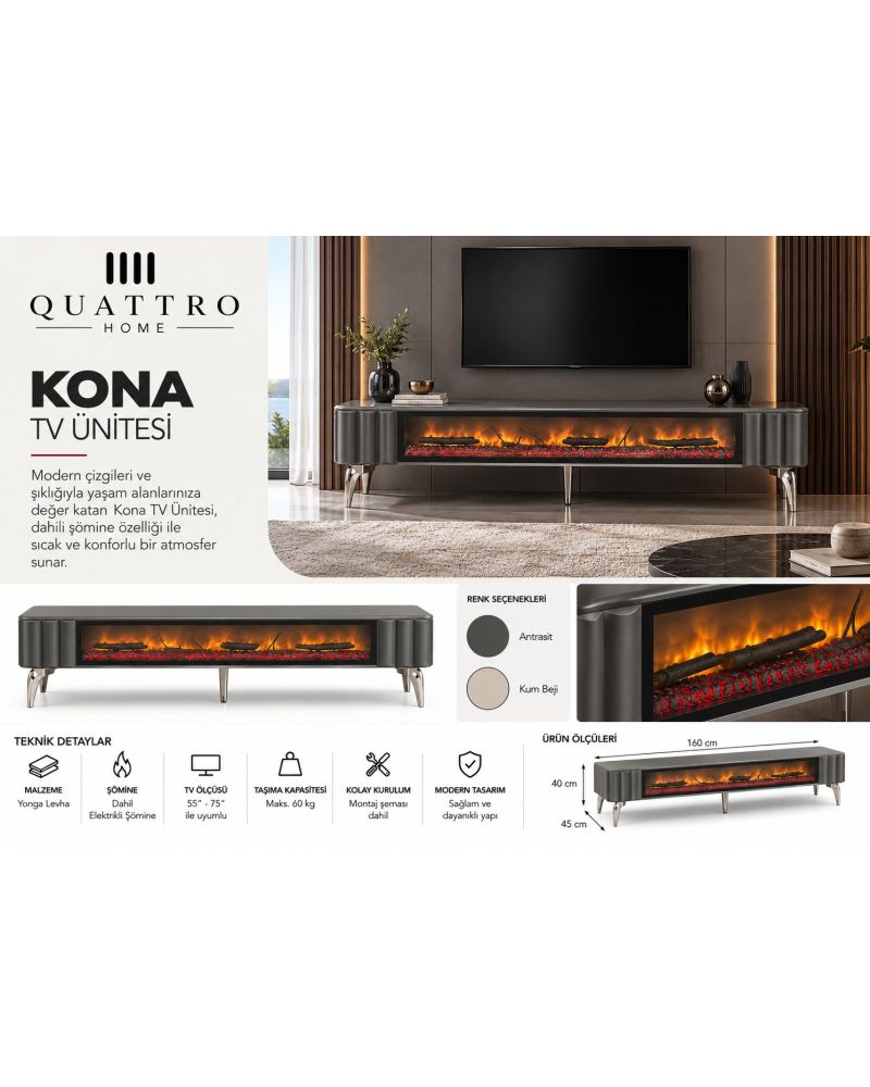 Kona Elektrikli Şömineli TV Ünitesi 160 cm Antrasit Krom Ayaklı Modern TV Sehpası