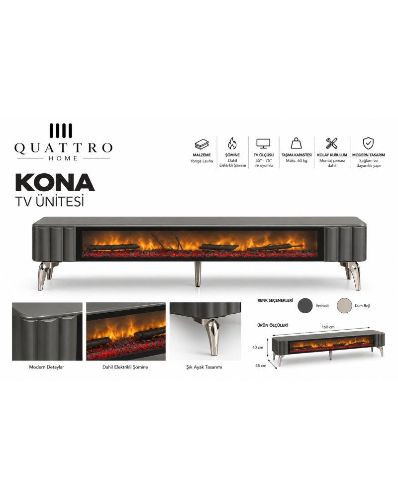 Kona Elektrikli Şömineli TV Ünitesi 160 cm Antrasit Krom Ayaklı Modern TV Sehpası