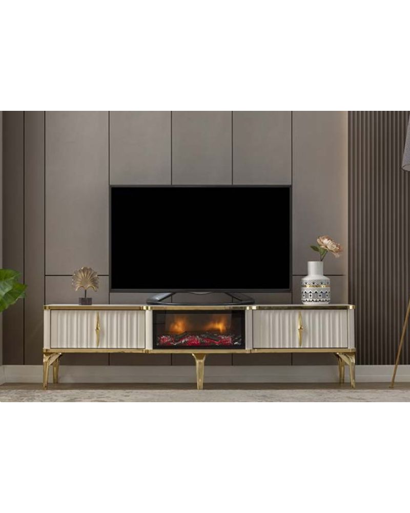 Lucente Elektrikli Şömineli TV Ünitesi Krem Gold Modern Tasarım 160 cm