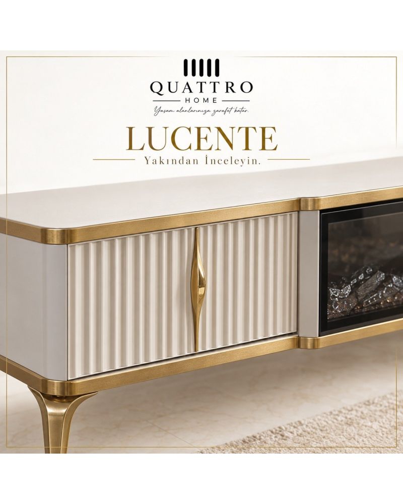 Lucente Elektrikli Şömineli TV Ünitesi Krem Gold Modern Tasarım 160 cm