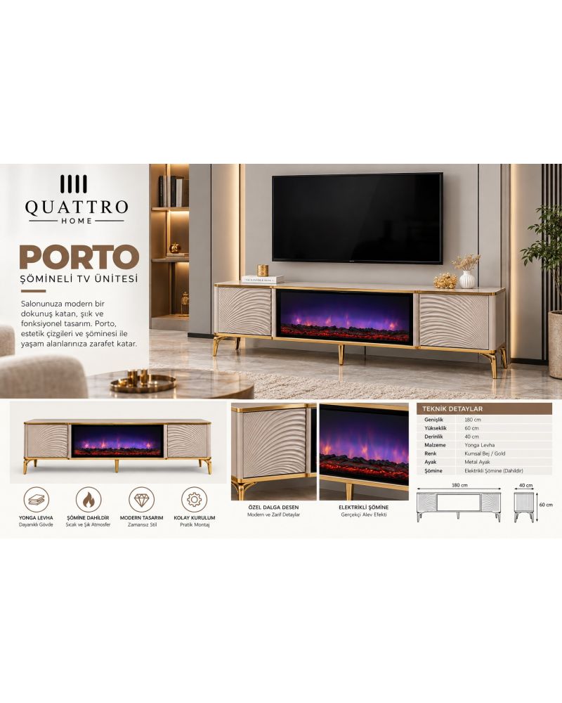 Porto Elektrikli Şömineli TV Ünitesi 180 cm Kumsal Bej Gold Metal Ayaklı Modern TV Sehpası