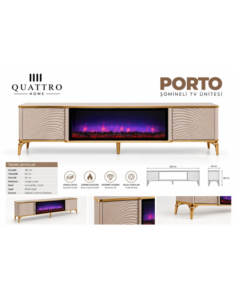 Porto Elektrikli Şömineli TV Ünitesi 180 cm Kumsal Bej Gold Metal Ayaklı Modern TV Sehpası