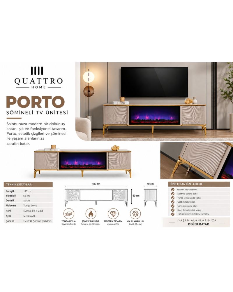 Porto Elektrikli Şömineli TV Ünitesi 180 cm Kumsal Bej Gold Metal Ayaklı Modern TV Sehpası