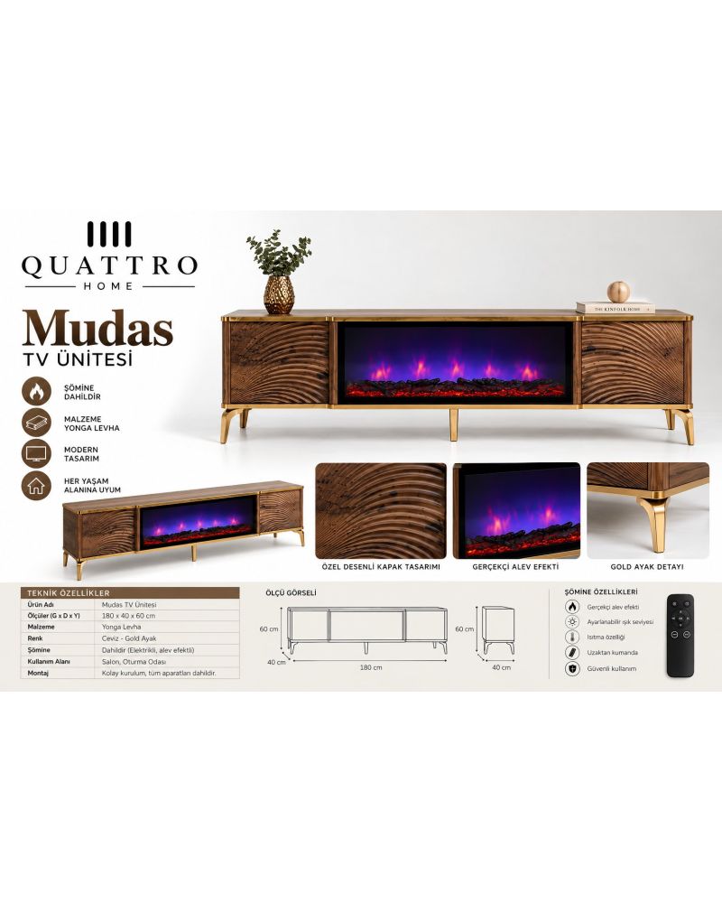 Mudas Elektrikli Şömineli TV Ünitesi 180 cm Ceviz Gold Modern Dalgalı Kapaklı TV Sehpası
