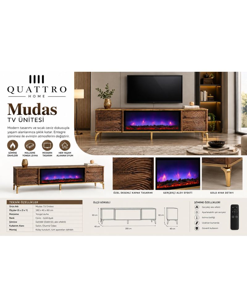 Mudas Elektrikli Şömineli TV Ünitesi 180 cm Ceviz Gold Modern Dalgalı Kapaklı TV Sehpası