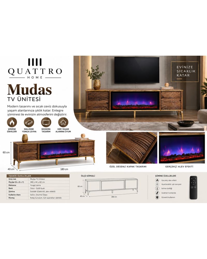 Mudas Elektrikli Şömineli TV Ünitesi 180 cm Ceviz Gold Modern Dalgalı Kapaklı TV Sehpası