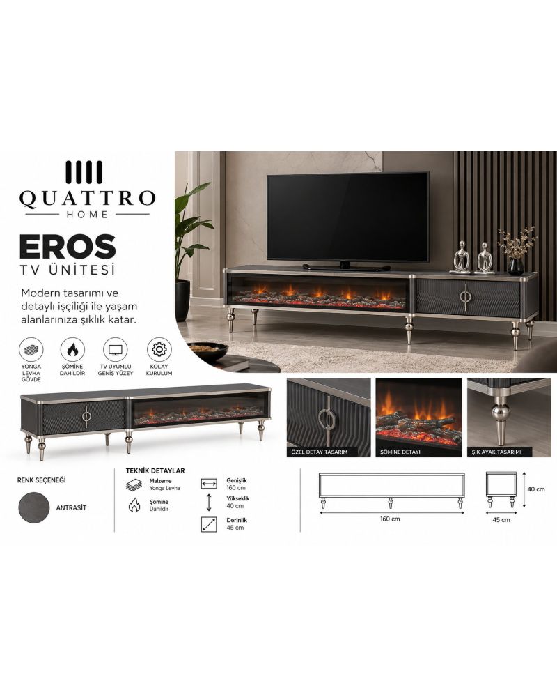 Eros Elektrikli Şömineli TV Ünitesi Antrasit Gümüş Detaylı Modern Tasarım 160 cm