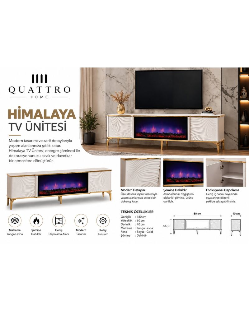 Himalaya Elektrikli Şömineli TV Ünitesi 180 cm Beyaz Gold Modern TV Sehpası