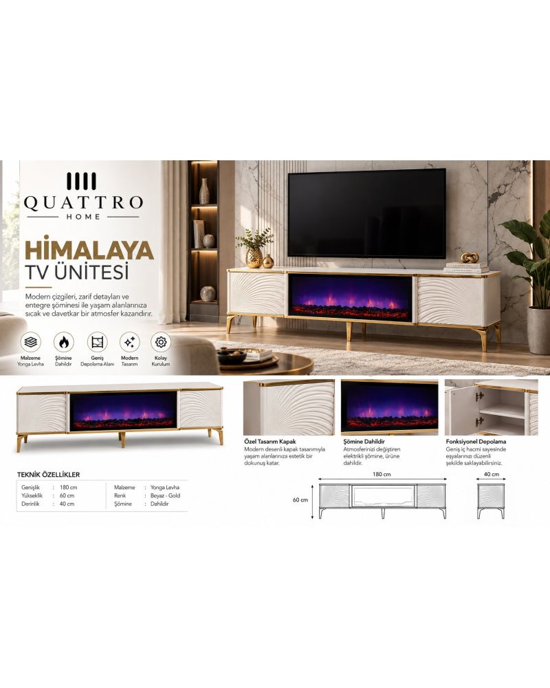 Himalaya Elektrikli Şömineli TV Ünitesi 180 cm Beyaz Gold Modern TV Sehpası