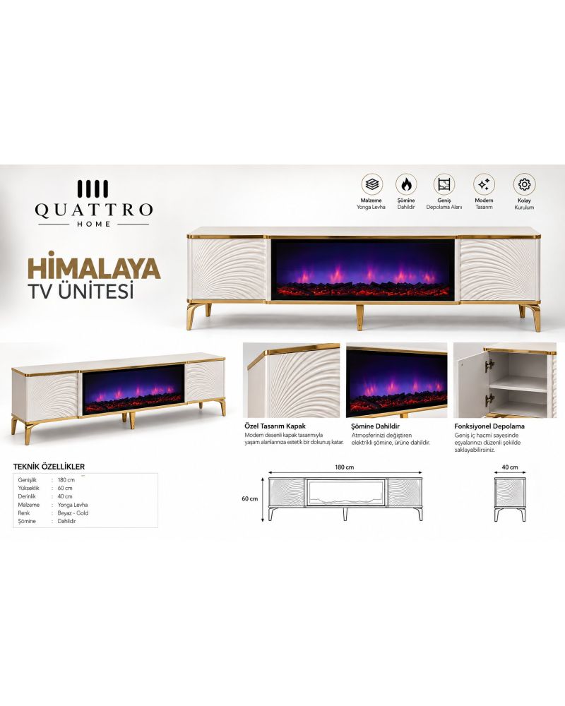 Himalaya Elektrikli Şömineli TV Ünitesi 180 cm Beyaz Gold Modern TV Sehpası
