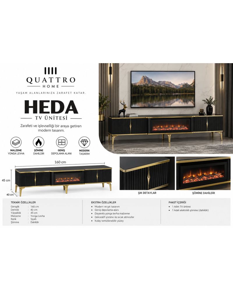 Heda Elektrikli Şömineli TV Ünitesi Siyah Gold Modern Tasarım 160 cm