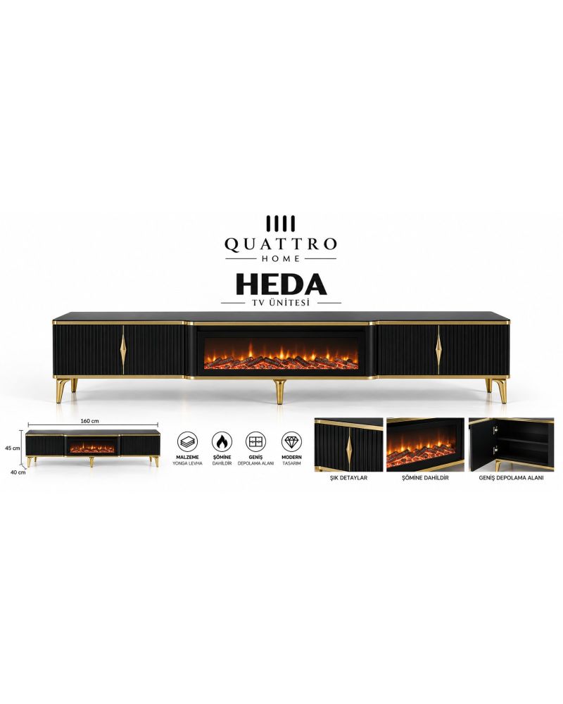 Heda Elektrikli Şömineli TV Ünitesi Siyah Gold Modern Tasarım 160 cm