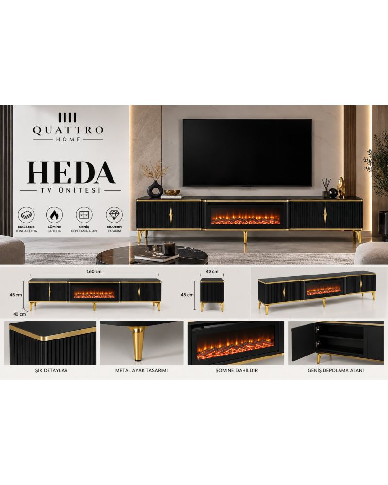 Heda Elektrikli Şömineli TV Ünitesi Siyah Gold Modern Tasarım 160 cm