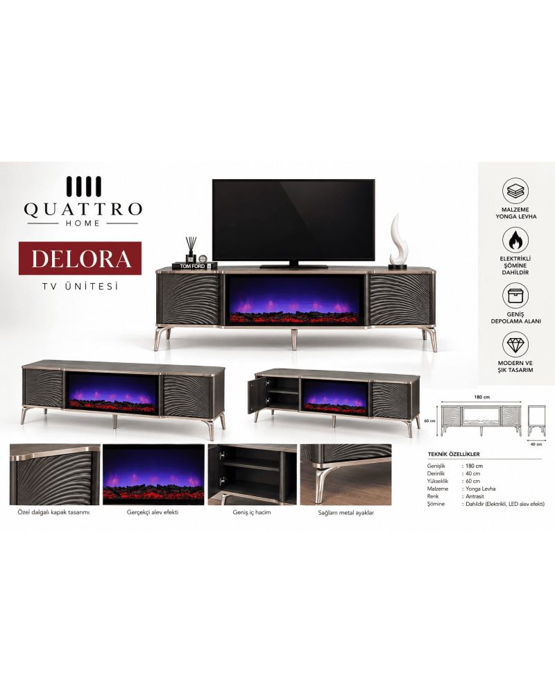 Delora Elektrikli Şömineli TV Ünitesi 180 cm Antrasit Modern Dalgalı Kapaklı TV Sehpası