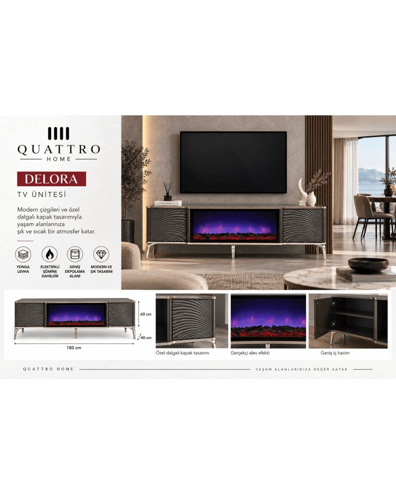 Delora Elektrikli Şömineli TV Ünitesi 180 cm Antrasit Modern Dalgalı Kapaklı TV Sehpası