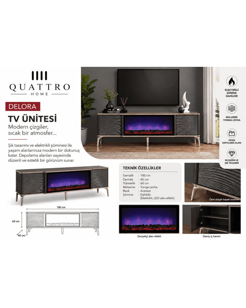 Delora Elektrikli Şömineli TV Ünitesi 180 cm Antrasit Modern Dalgalı Kapaklı TV Sehpası