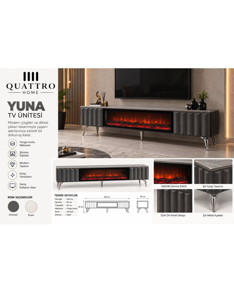 Yuna Antrasit Şömineli TV Ünitesi 160 cm Modern Metal Ayaklı
