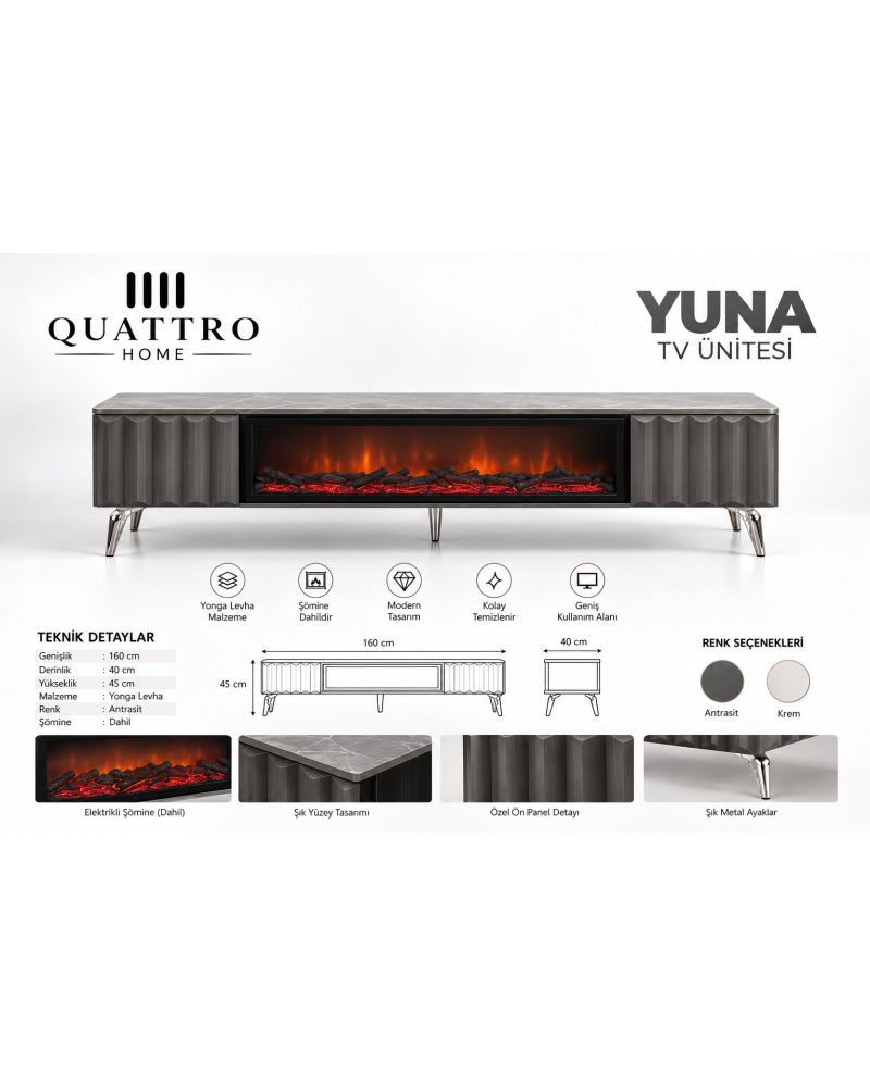 Yuna Antrasit Şömineli TV Ünitesi 160 cm Modern Metal Ayaklı