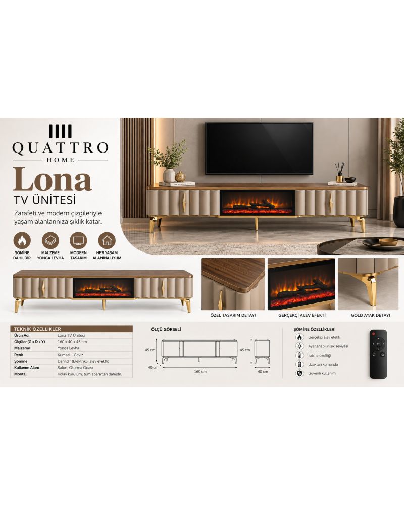 Lona Elektrikli Şömineli Kumsal Ceviz Gold Detaylı TV Ünitesi 160 cm