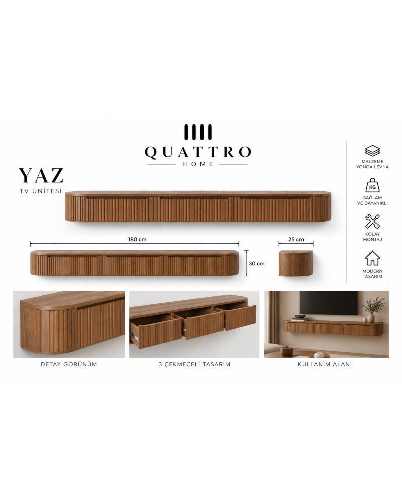 Yaz Duvara Monte TV Ünitesi 180 cm 3 Çekmeceli Ceviz Modern Ahşap TV Sehpası