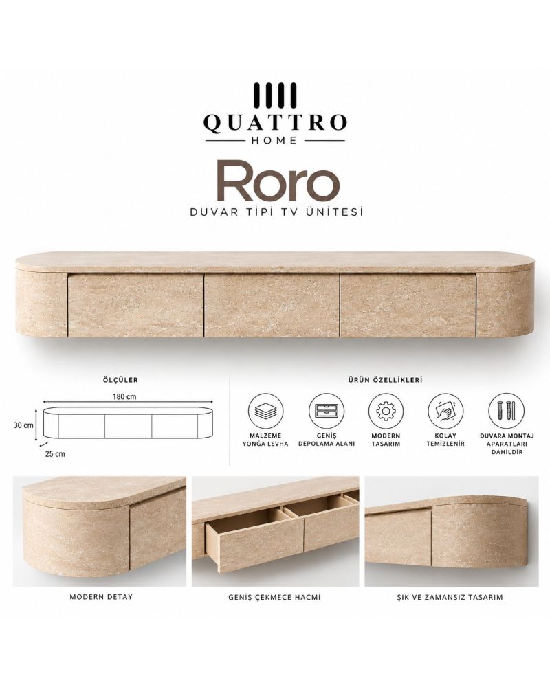 Roro Duvara Monte TV Ünitesi 180 cm Geniş Çekmeceli Modern Traverten Desenli TV Sehpası