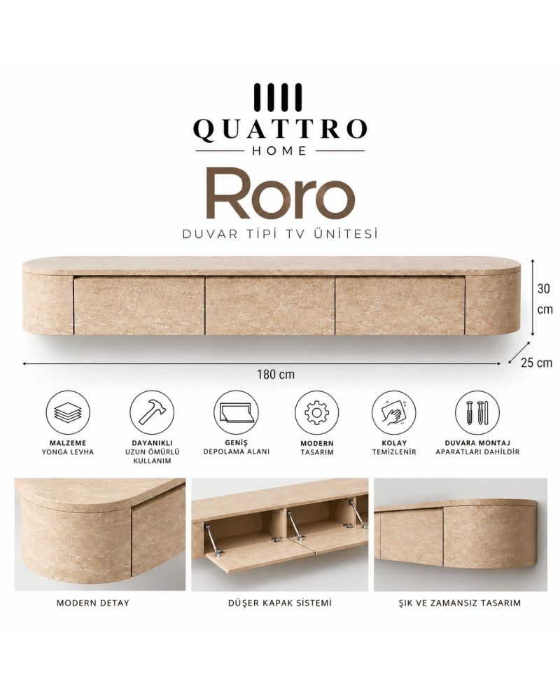 Roro Duvara Monte TV Ünitesi 180 cm Geniş Çekmeceli Modern Traverten Desenli TV Sehpası