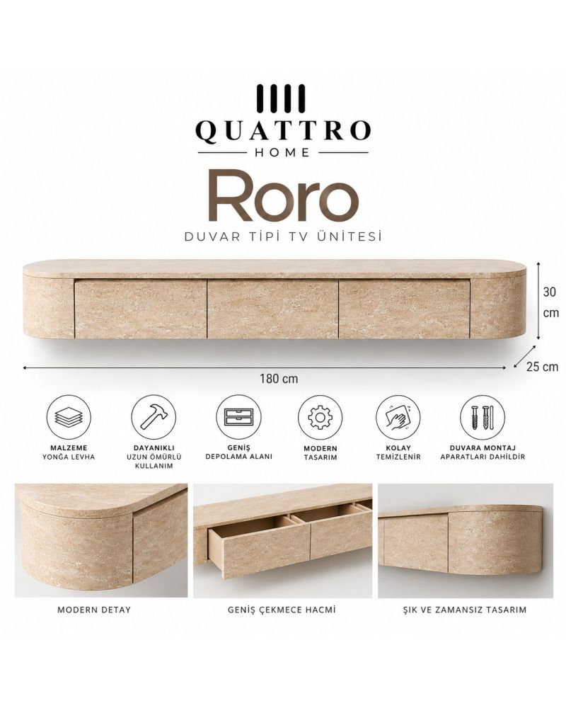 Roro Duvara Monte TV Ünitesi 180 cm Geniş Çekmeceli Modern Traverten Desenli TV Sehpası