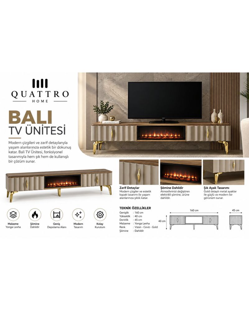Bali Elektrikli Şömineli Vizon Ceviz Gold TV Ünitesi 160 cm