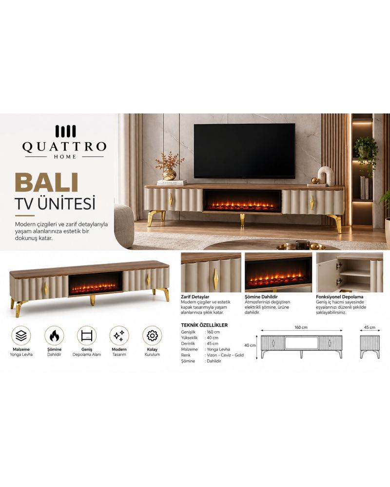 Bali Elektrikli Şömineli Vizon Ceviz Gold TV Ünitesi 160 cm