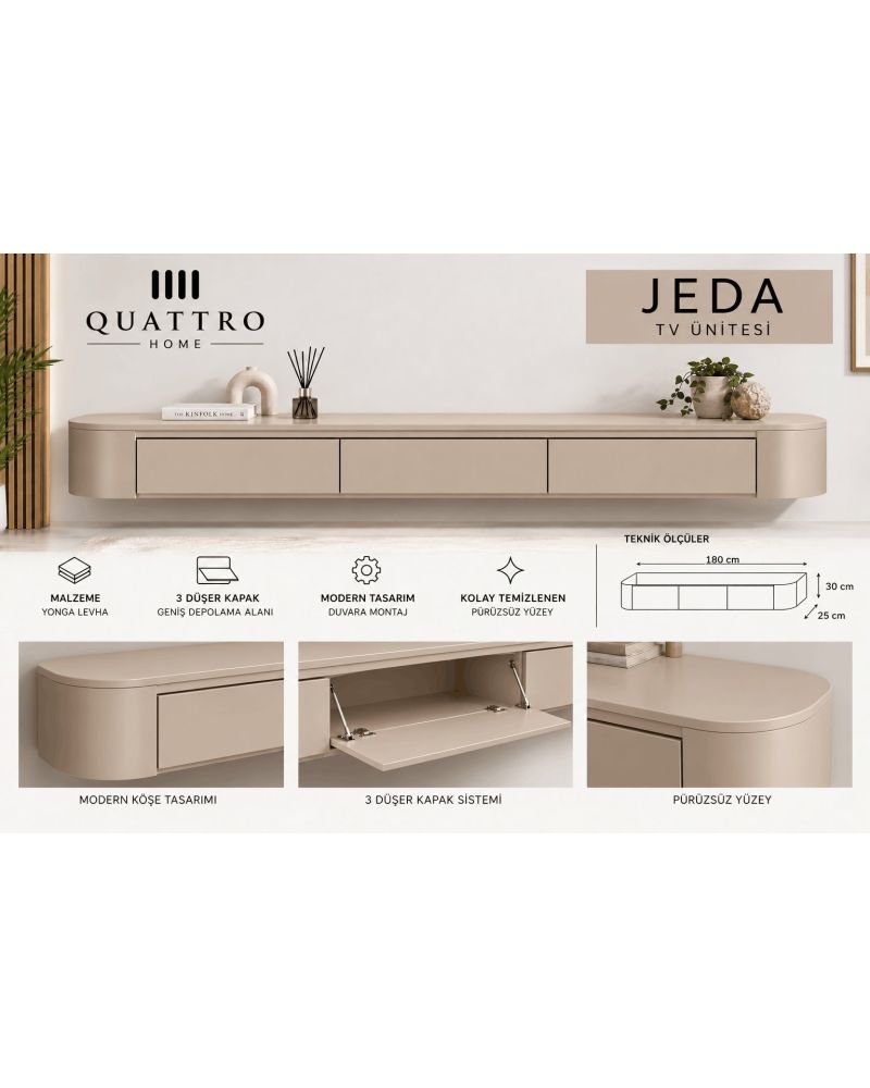 Jeda Duvara Monte TV Ünitesi 180 cm Modern Bej TV Sehpası