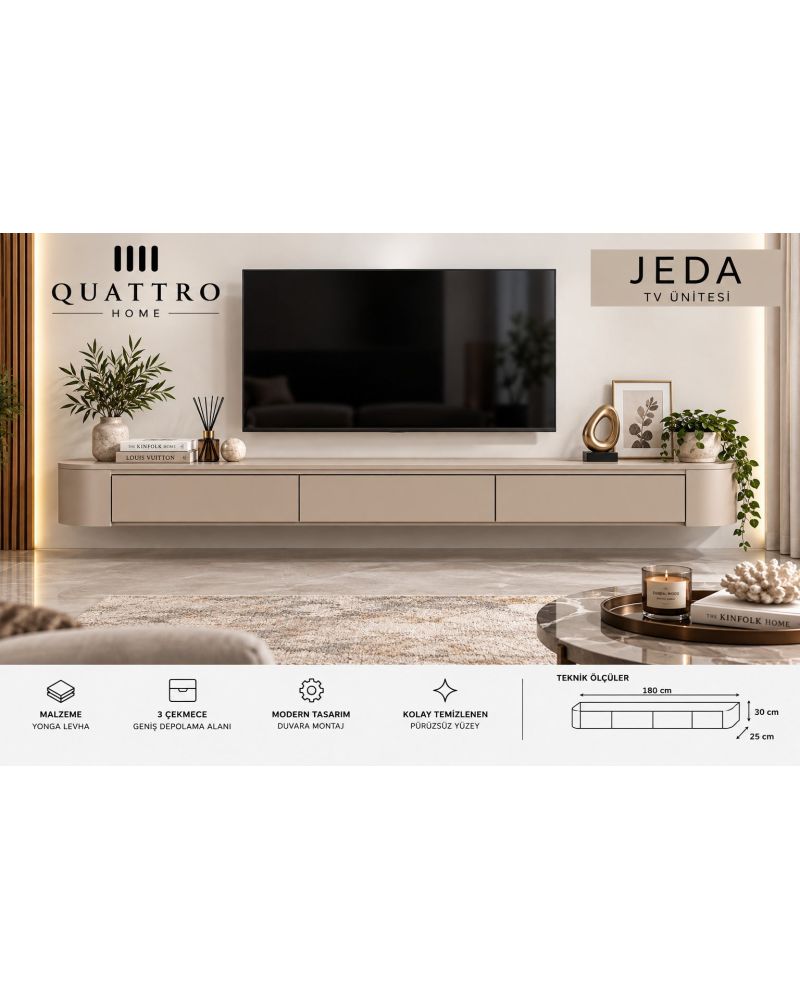 Jeda Duvara Monte TV Ünitesi 180 cm 3 Çekmeceli Modern Bej TV Sehpası