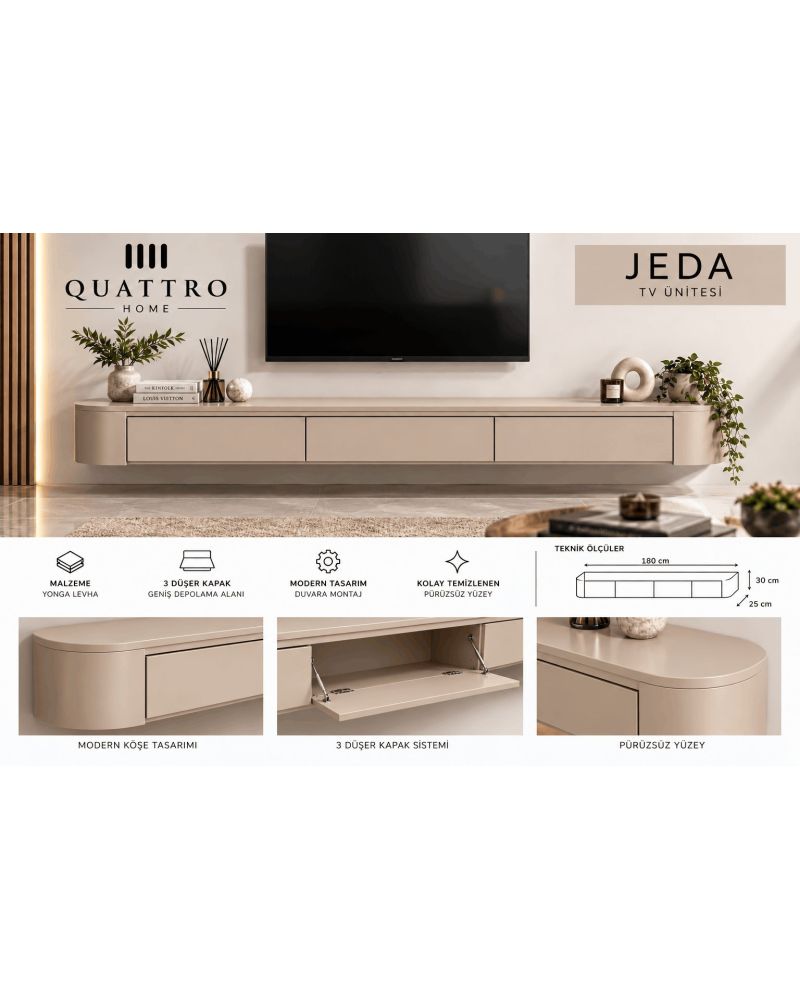 Jeda Duvara Monte TV Ünitesi 180 cm Modern Bej TV Sehpası