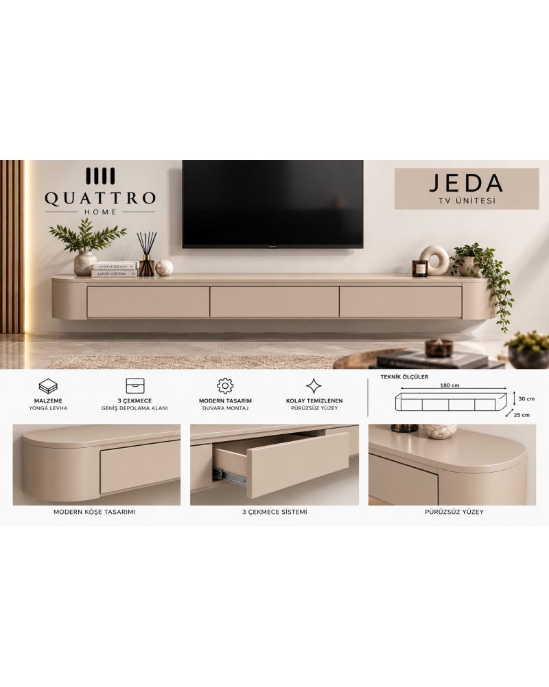 Jeda Duvara Monte TV Ünitesi 180 cm 3 Çekmeceli Modern Bej TV Sehpası
