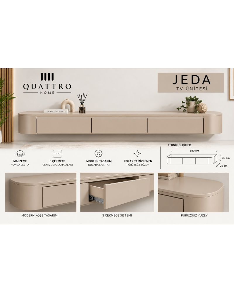 Jeda Duvara Monte TV Ünitesi 180 cm 3 Çekmeceli Modern Bej TV Sehpası
