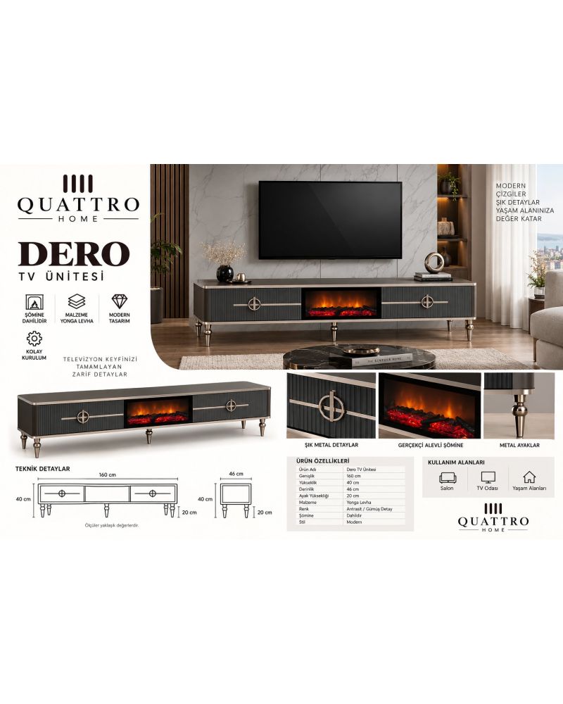 Dero Elektrikli Şömineli Antrasit Gümüş Detaylı TV Ünitesi 160 cm