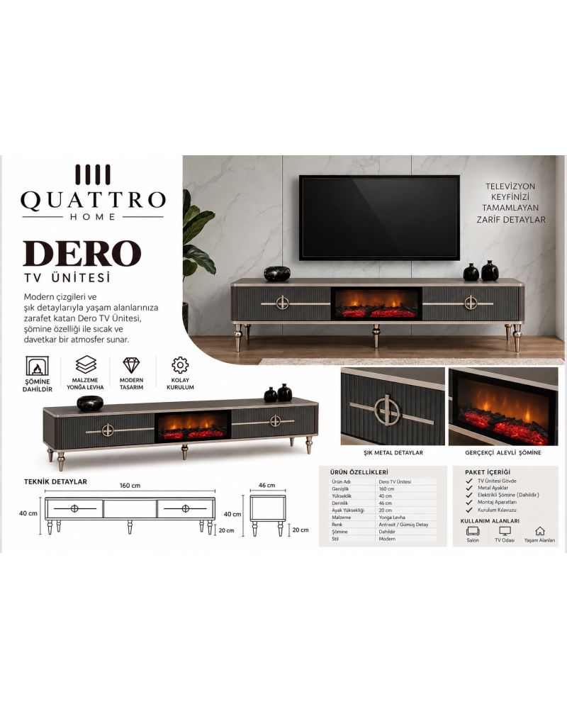 Dero Elektrikli Şömineli Antrasit Gümüş Detaylı TV Ünitesi 160 cm
