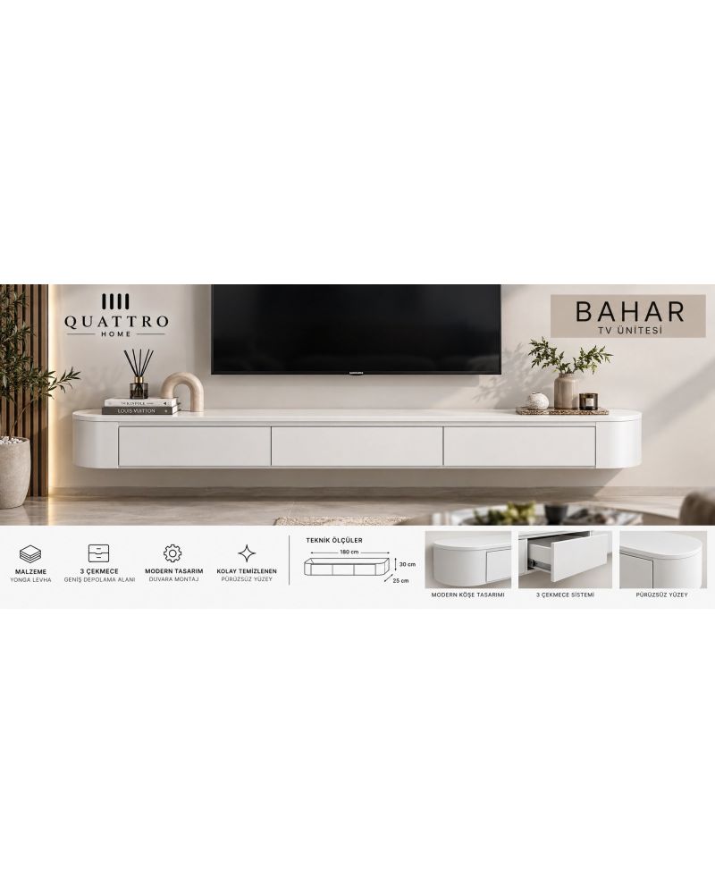 Bahar Duvara Monte TV Ünitesi 180 cm 3 Çekmeceli Modern Beyaz TV Sehpası