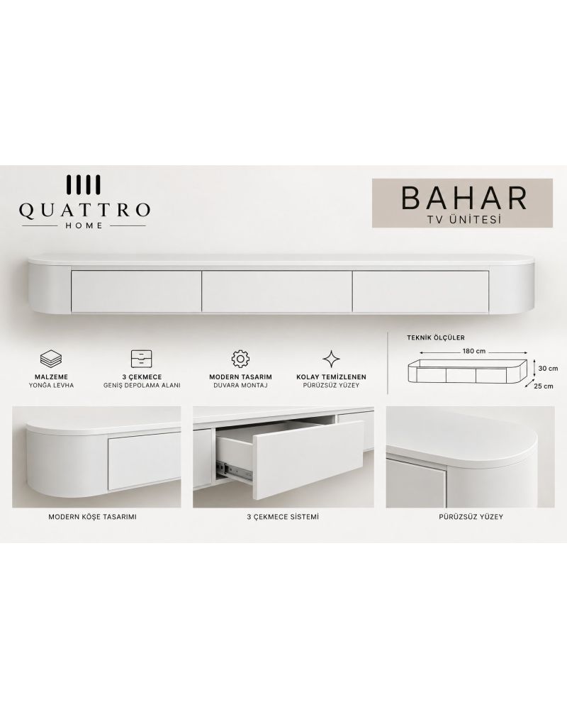 Bahar Duvara Monte TV Ünitesi 180 cm 3 Çekmeceli Modern Beyaz TV Sehpası