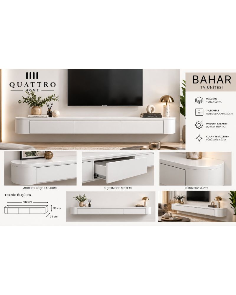 Bahar Duvara Monte TV Ünitesi 180 cm 3 Çekmeceli Modern Beyaz TV Sehpası