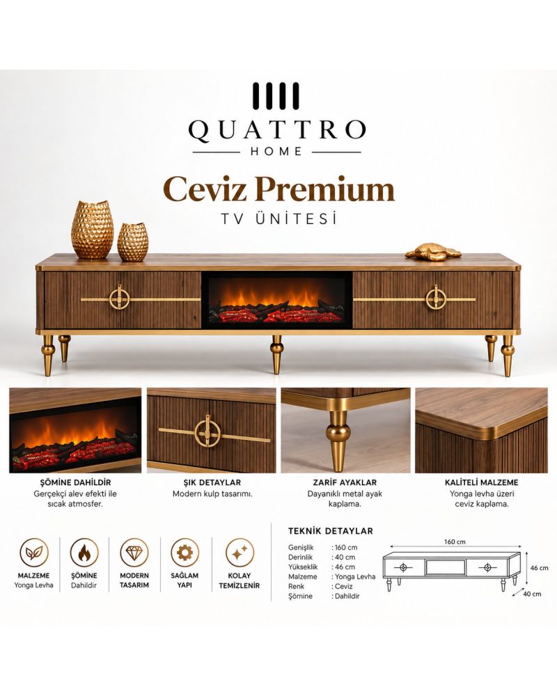 Ceviz Premium Elektrikli Şömineli TV Ünitesi Gold Detaylı 160 cm