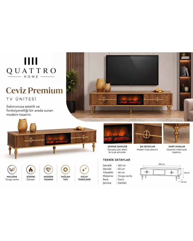 Ceviz Premium Elektrikli Şömineli TV Ünitesi Gold Detaylı 160 cm