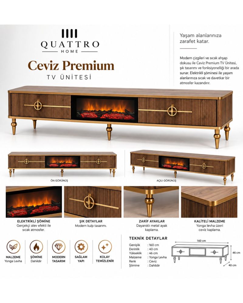 Ceviz Premium Elektrikli Şömineli TV Ünitesi Gold Detaylı 160 cm