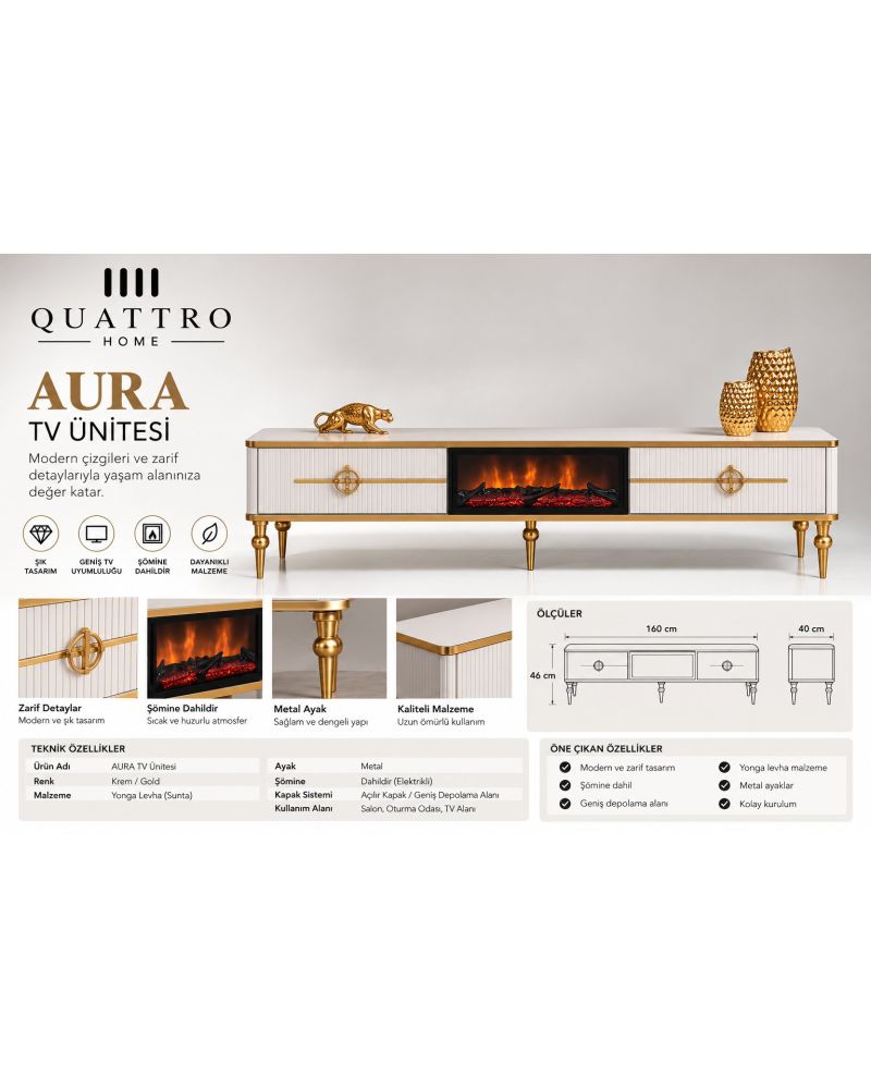 Aura Şömineli TV Ünitesi Krem Gold Metal Ayaklı Modern Tasarım 160 cm
