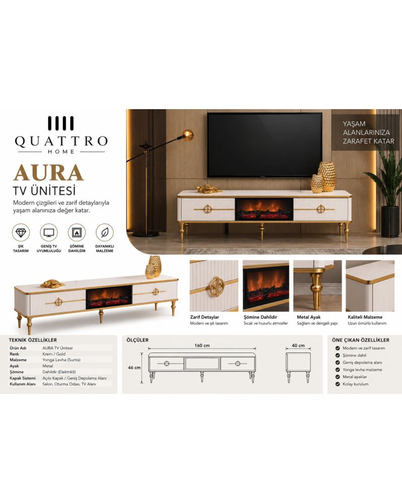 Aura Şömineli TV Ünitesi Krem Gold Metal Ayaklı Modern Tasarım 160 cm