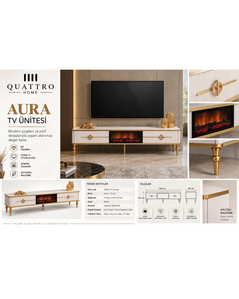 Aura Şömineli TV Ünitesi Krem Gold Metal Ayaklı Modern Tasarım 160 cm