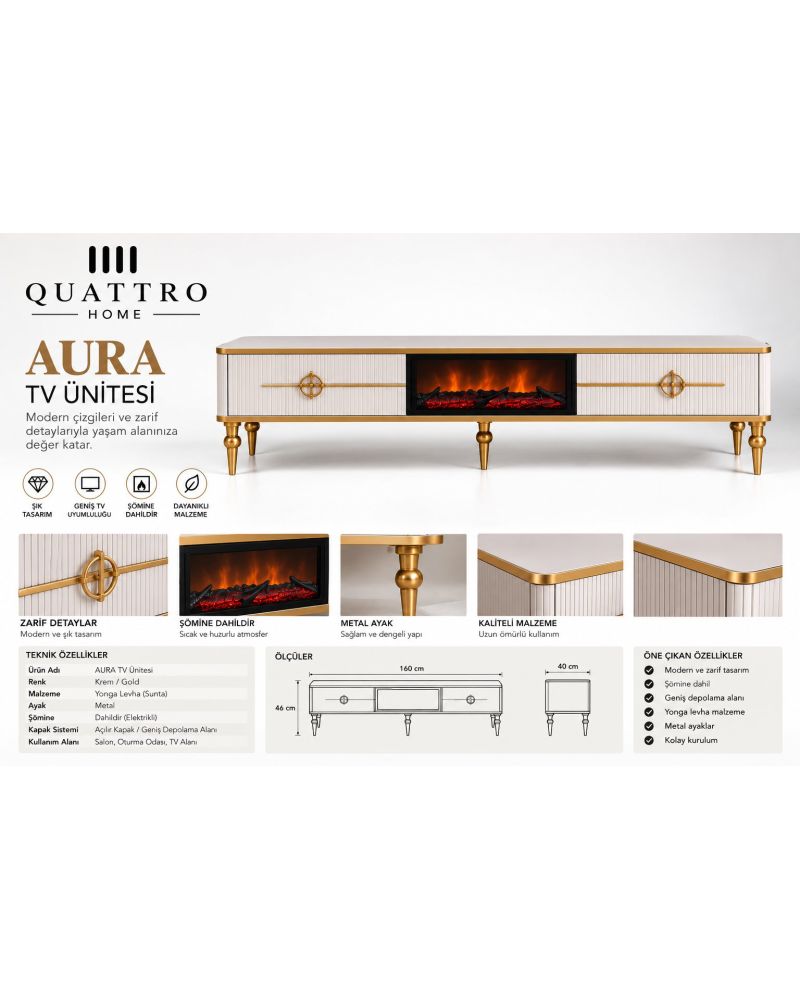 Aura Şömineli TV Ünitesi Krem Gold Metal Ayaklı Modern Tasarım 160 cm