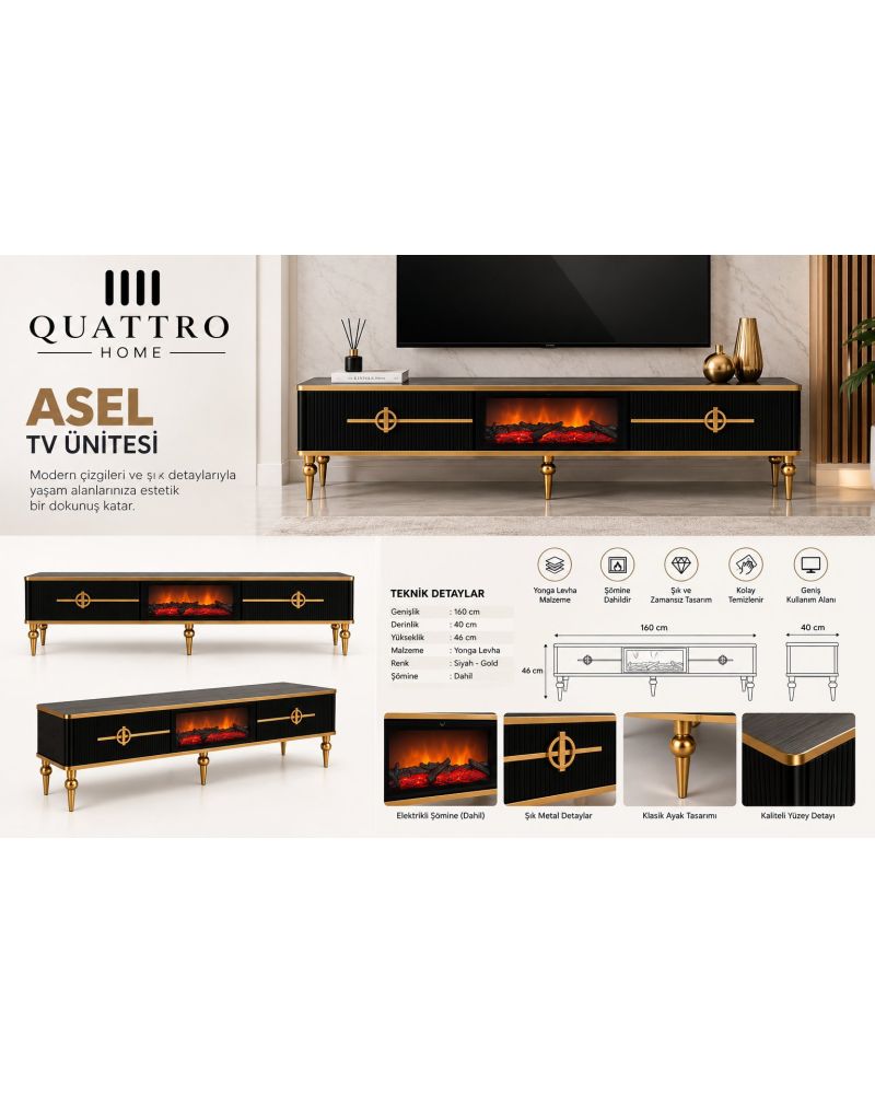 Asel Şömineli TV Ünitesi Siyah Gold Detaylı Modern Tasarım 160 cm
