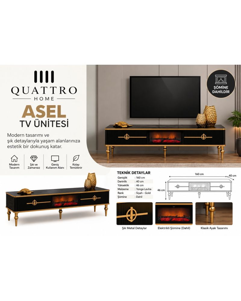 Asel Şömineli TV Ünitesi Siyah Gold Detaylı Modern Tasarım 160 cm