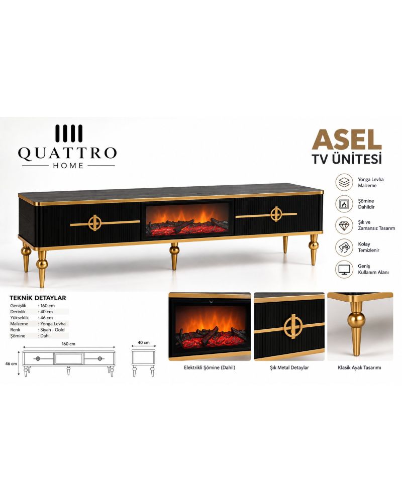 Asel Şömineli TV Ünitesi Siyah Gold Detaylı Modern Tasarım 160 cm